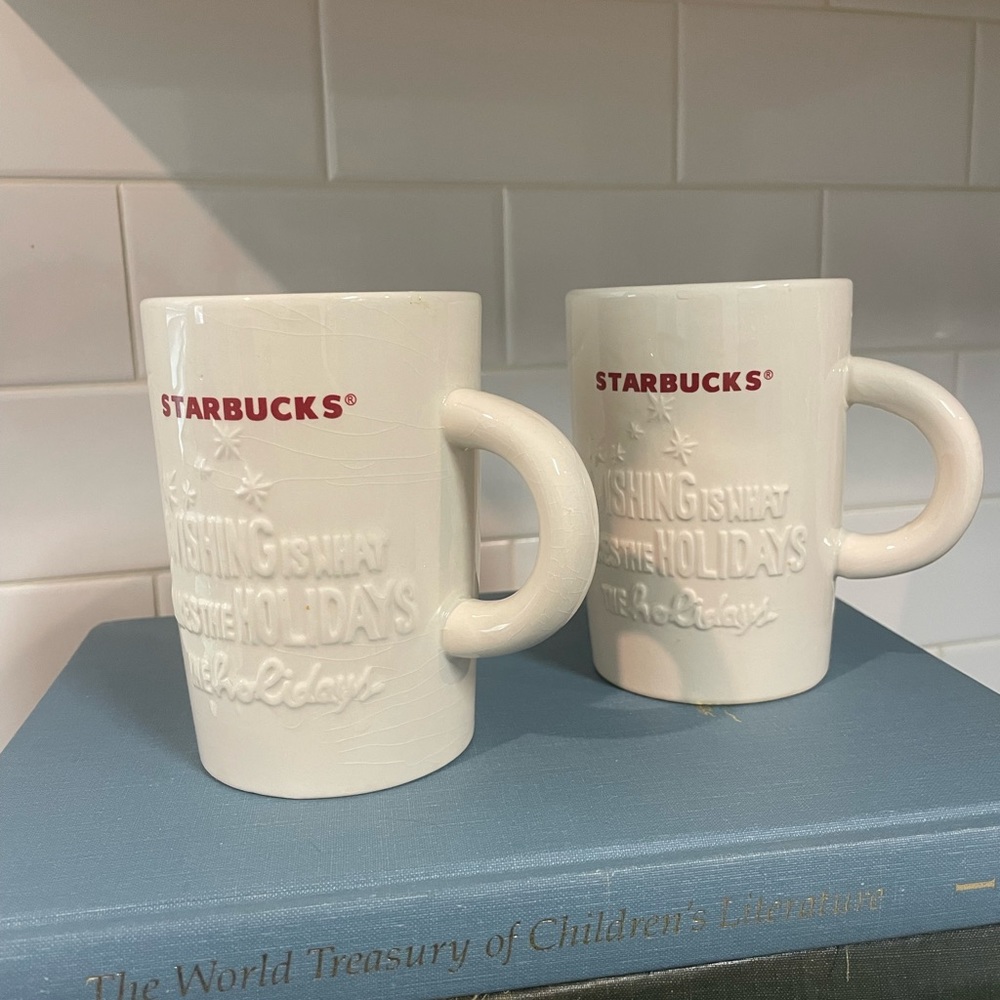 Pair of Starbucks Christmas mugs 2010 10oz wishing holiday white red